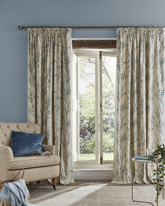 Pussy Willow Seaspray Pencil Pleat Curtains In Living Room with Window