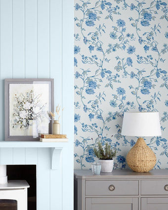 Rambling Rector Sky Blue Wallpaper Sample - View of wallpaper on the wall
