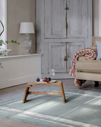 Redbrook Duck Egg Rug view of rectangle rug in a room