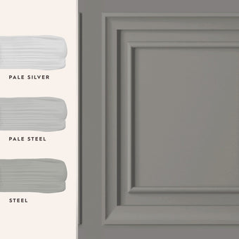Redbrook Wood Panel Pale Steel Wallpaper Sample - View of coordinating paint colors