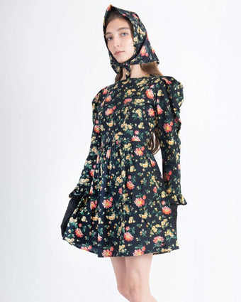 Rhian Daisy Square Neck Mini Prairie Dress -View of front of dress on model wearing scarf and gloves