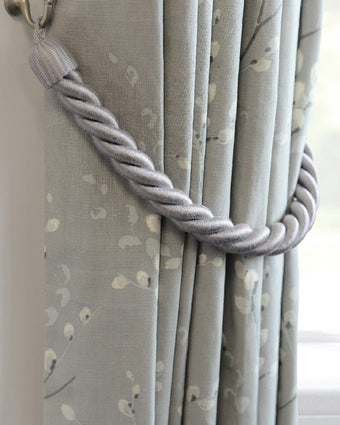 Rope Tieback - Dove Grey - View of tieback on curtain