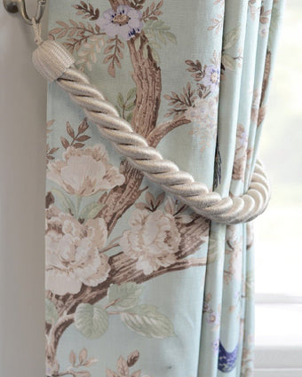 Rope Tieback - Linen - View of tieback on curtain