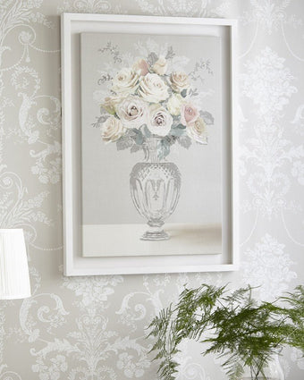 Rose Bouquet Vase Framed Floating Canvas Wall Art.  Hanging on wall.