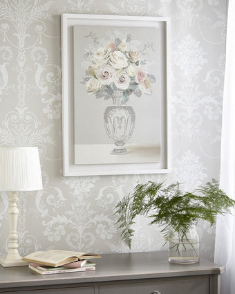 Rose Bouquet Vase Framed Floating Canvas Wall Art.  Hanging on wall.
