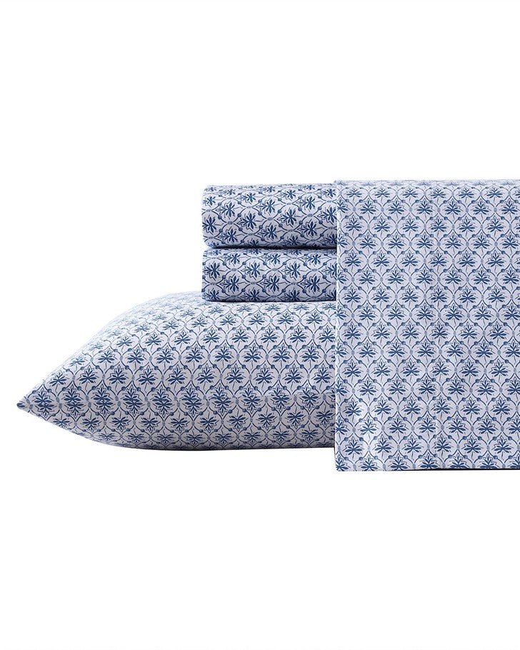 Rosemarie Blue Cotton Sateen Sheet Set - View of folded sheets and pillowcases
