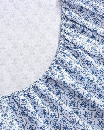 Rosemarie Blue Cotton Sateen Sheet Set - Close up view of elastic on fitted sheets