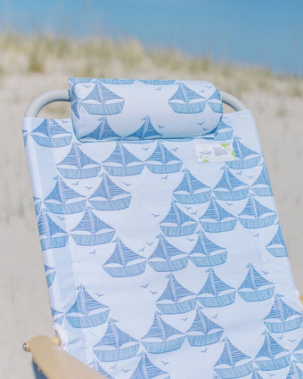Sailboats Dune High Backpack Beach Chair closeup of headreast on the beach