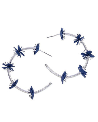 Silver Hoops with Navy Flowers - Full view