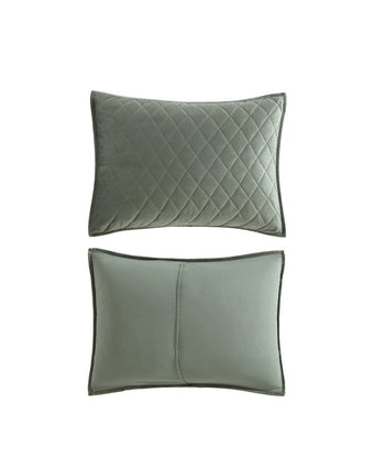 Solid Diamond Stitch Dark Green Velvet Quilt Bonus Set view of front and reverse side of shams