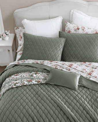 Solid Diamond Stitch Dark Green Velvet Quilt Bonus Set overhead view of bedding set