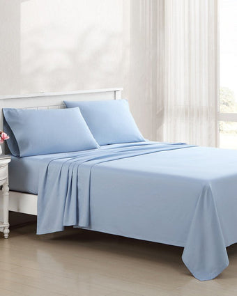 Solid Pastel Blue 800 Thread Count Sheet Set- View of sheets on bed