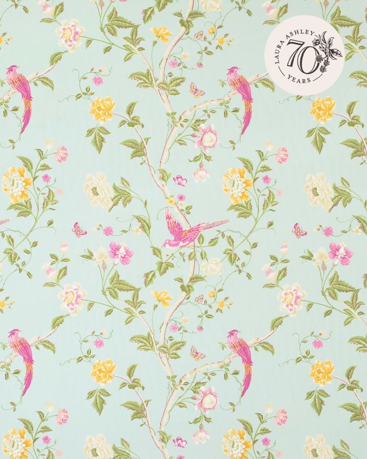 Summer Palace Duck Egg view of 70th anniversary fabric pattern