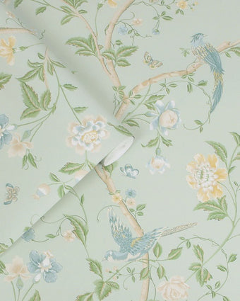 Summer Palace Eau de Nil Wallpaper view of wallpaper and roll of wallpaper