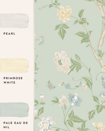 Summer Palace Eau de Nil Wallpaper view of wallpaper and coordinating paint colors