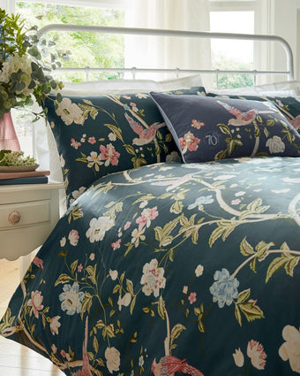 Summer Palace Midnight Duvet Cover Set - view of duvet cover and pillowcase on bed