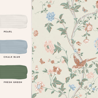 Summer Palace Sage and Apricot Wallpaper swatch with coordinating paints