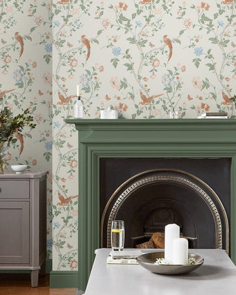 Summer Palace Sage and Apricot Wallpaper -  View of wallpaper on a wall