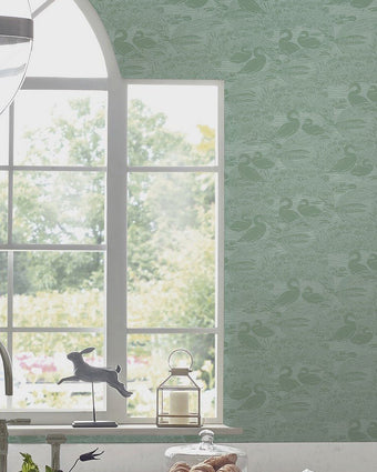 Swans Jade Green Wallpaper - View of wallpaper on a wall