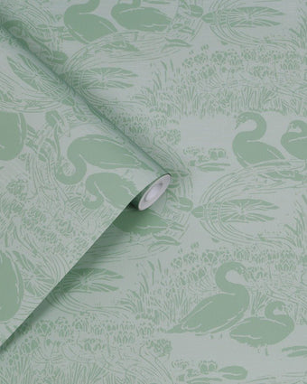 Swans Jade Green Wallpaper -Close up view of wallpaper