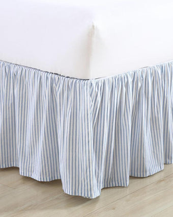 Ticking Stripe Blue Ruffled Bed Skirt - Laura Ashley