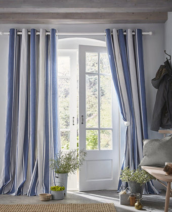 Tiverton Denim Grommet Ready Made Curtains - View of curtains hanging