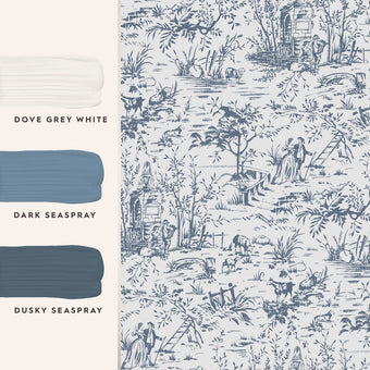 Toile de Jouy Dark Seaspray Blue Wallpaper Sample - View of coordinating paint colors