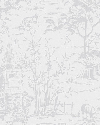 Toile de Jouy Sugared Grey Wallpaper - Close up view of wallpaper