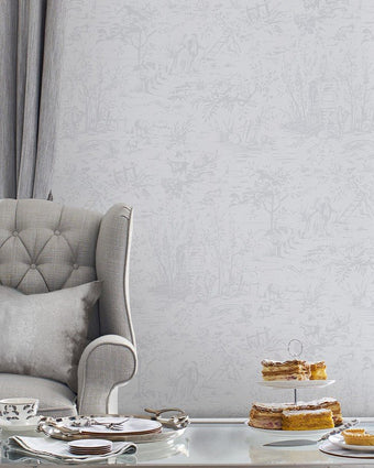 Toile de Jouy Sugared Grey Wallpaper - View of wallpaper on a wall