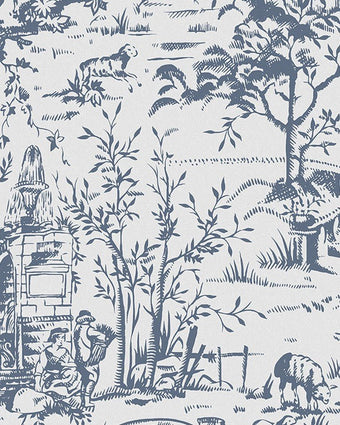 Toile de Jouy Dark Seaspray Blue Wallpaper - Close up view of wallpaper