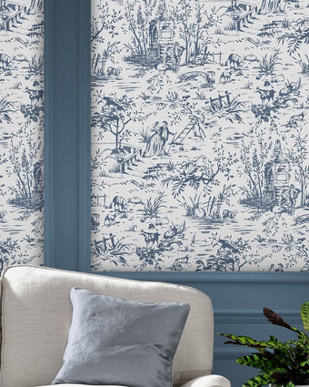 Toile de Jouy Dark Seaspray Blue Wallpaper - View of wallpaper on a wall