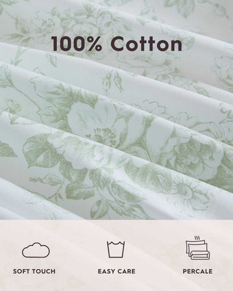 Toile Delight Green Cotton Percale Sheet Set close up of print. 100% Cotton, Soft Touch, Easy Care, Percale