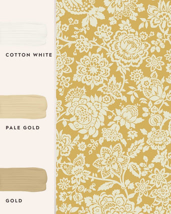 Trailing Laurissa Pale Ochre Yellow Wallpaper view of wallpaper and coordinating paint colors