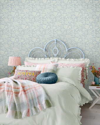 Trailing Laurissa Pale Seaspray Blue Wallpaper view of wallpaper on a wall
