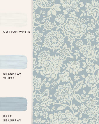 Trailing Laurissa Pale Seaspray Blue Wallpaper view of wallpaper with coordinating paint colors