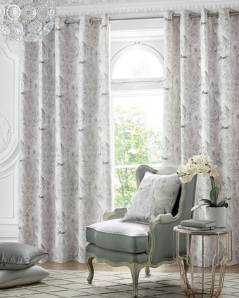 Tregaron Silver Eyelet Ready Made Curtains - View of curtains hanging