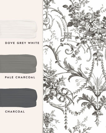 Tuileries Charcoal Grey Wallpaper with featured coordinating paints