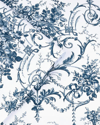 Tuileries Midnight Blue Wallpaper close up and a wallpaper role