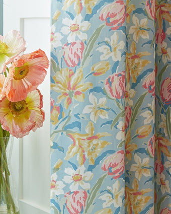 Tulips China Blue view of fabric on a curtain