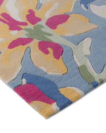 Tulips China Blue Rug  close up view of rug