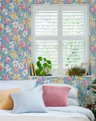 Tulips China Blue Wallpaper - View of wallpaper on a wall