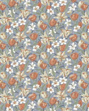 Tulips Dusky Seaspray Blue close up view of fabric swatch