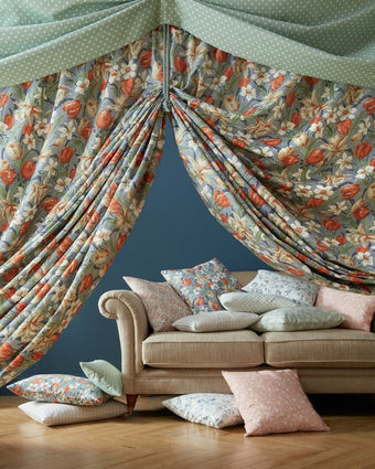 Tulips Dusky Seaspray Blue view of fabric hanging and cushion