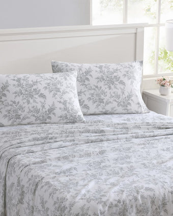 Vanessa Grey Cotton Flannel Sheet Set view of sheets on a bed