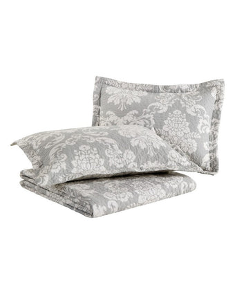 Venetia Grey Reversible Quilt Bonus Set view of folded quilt and 2 pillow shams