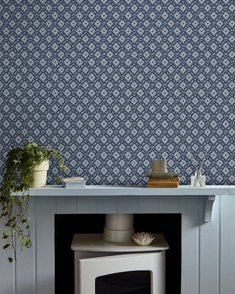 Whitebrook Dusky Seaspray Blue Wallpaper view of wallpaper on a wall