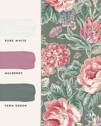 Wild Roses Fern Green Wallpaper with featured coordinating paint