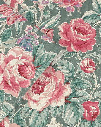Wild Roses Fern Green Wallpaper close up with wallpaper roll