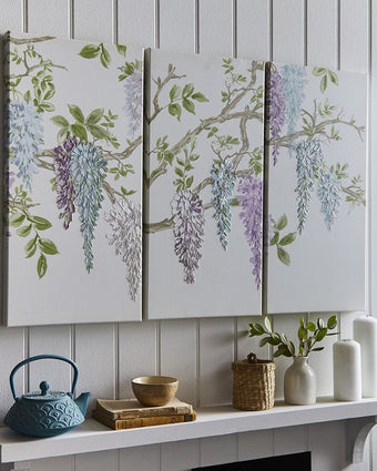 Wisteria Garden Printed Canvas Wall Art Set of 3.  Hanging on wall.