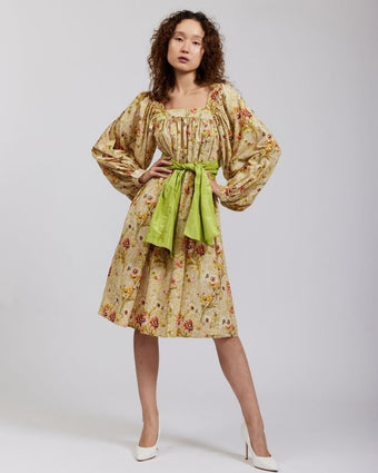 Witton Floral Beaumaris Dress view of front of dress with green tie / belt